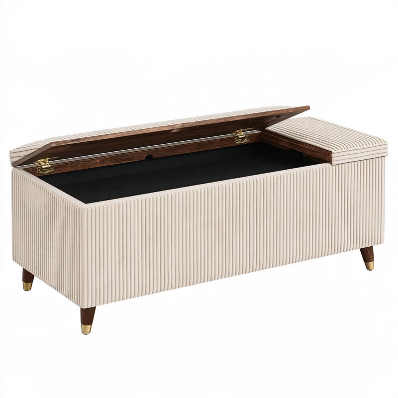 Sitzbank mit Stauraum 120 x 45 x 48 cm Beige gerippter Textilbezug Holzbeine Klappdeckel