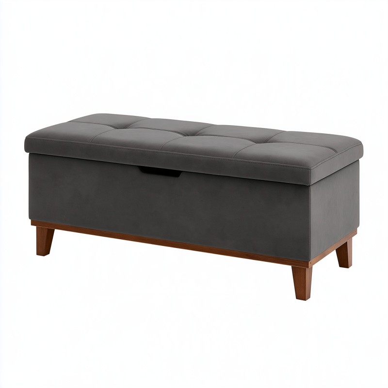 Sitzbank mit Stauraum 110 x 40 x 48 cm grauer Bezug in Lederoptik Holzfüße gepolstert