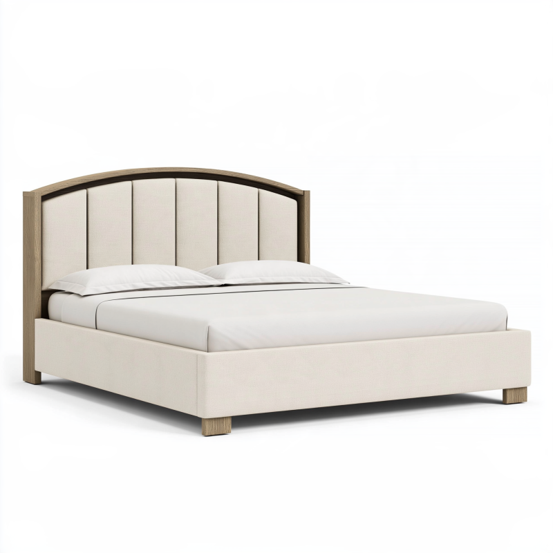 Polsterbett 160 x 200 cm Beige Holz Stoffbezug mit gepolstertem Kopfteil