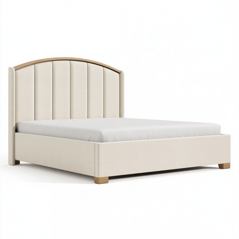 Polsterbett 160 x 200 cm Creme Stoff Holzdetails mit gepolstertem Kopfteil