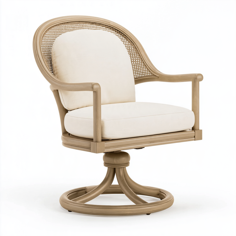Drehsessel 76 x 82 x 98 cm aus Holz und Rattan in Beige Creme mit Sitzpolster