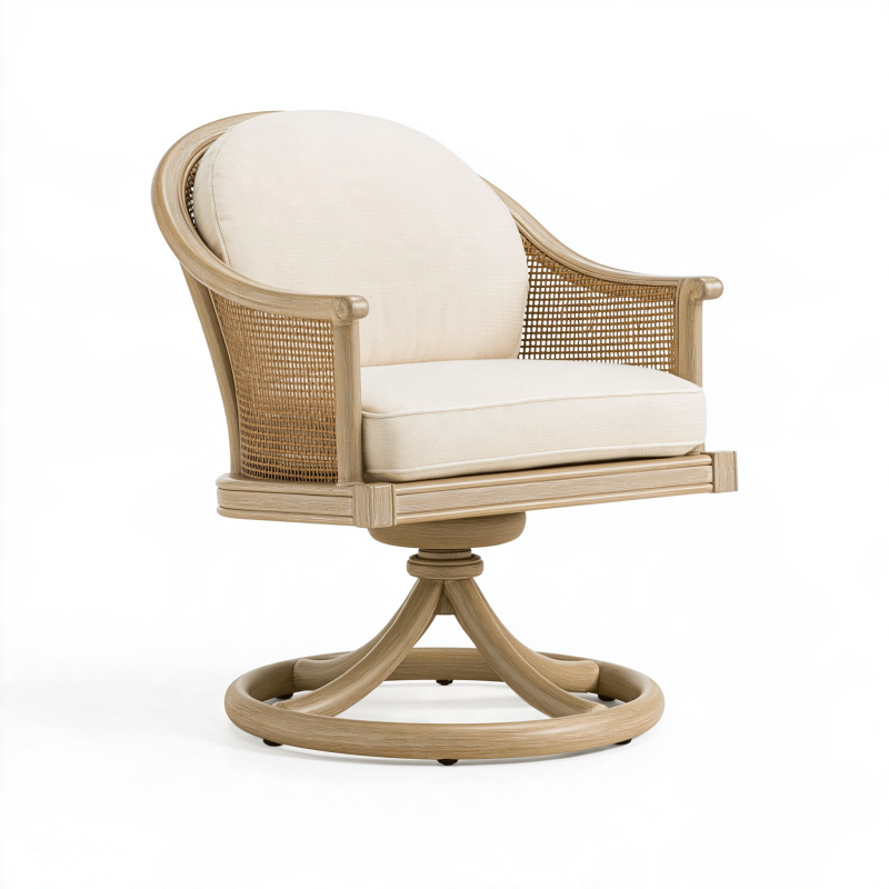 Drehsessel 82 x 78 x 94 cm aus Holz und Rattan in Natur Beige mit Polsterung im Landhausstil